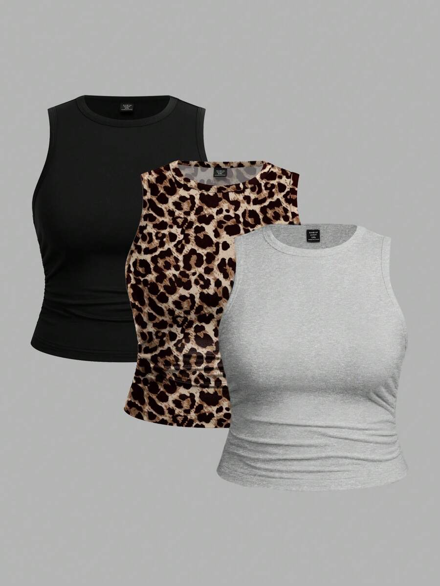 SHEIN EZwear 3pcs Set Women Casual Solid Black And Leopard Print Top Tank Tops, Suitable For Summer Back To School - Multicolor - View 1