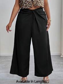 SHEIN PETITE CURVE Plus Size Casual & Commute Solid Color Ruched Wide Leg Pants - Black - View 1