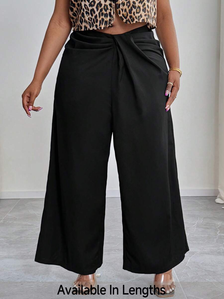 SHEIN PETITE CURVE Plus Size Casual & Commute Solid Color Ruched Wide Leg Pants - Black - View 1