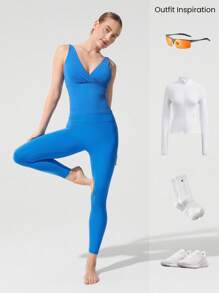 FeatherFit™ Studio Glow Áo crop top cổ chữ V có thể tháo rời Áo ngực thể thao Yoga Pilates Barre Studio tác động thấp Trang phục thường ngày - Xanh đậm - Xem 6