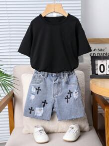 SHEIN 婴幼儿男童宽松十字印花蓝色牛仔短裤 - 淺色水洗藍 - 查看 7