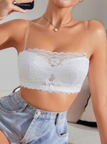 SHEIN Soutien-gorge bandeau sans bretelles fleuri et en dentelle de mode pour femme - Blanc - Voir 5