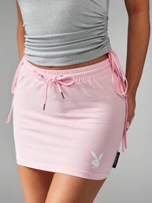Missguided x Playboy Jupe mini sport-casual de designer, style mode athleisure avec cordon de serrage, moulante et élastique, pour danse, fitness, entraînement, style sport, pour l'été et le printemps