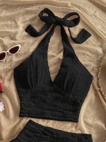 Soleia 女士度假纹理米色挂脖系带 V 领紧身衣和荷叶边迷你裙套装 - 黑色 - 查看 3