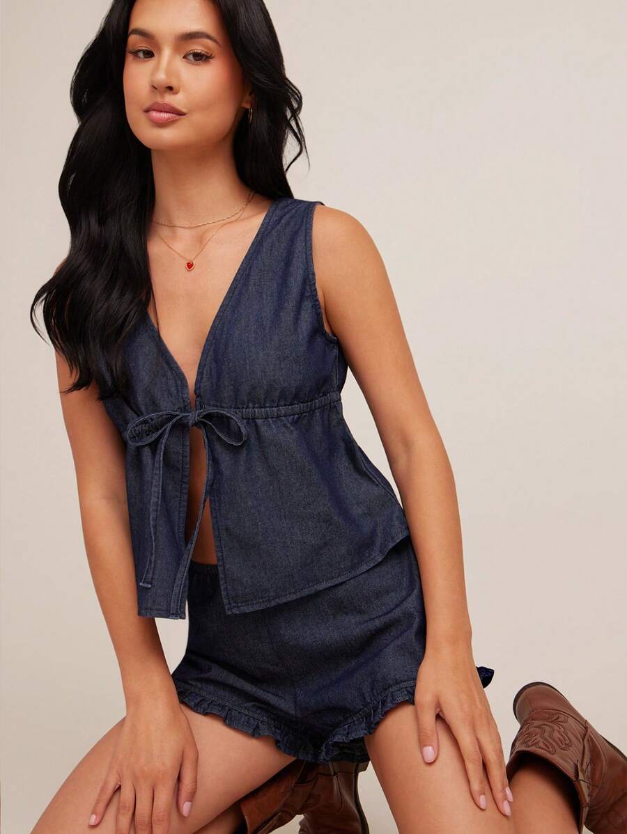 WESTFADE Débardeur en mélange de coton avec volants, col en V profond, nœud papillon devant, style bohème décontracté mignon, pour le rodéo de Nashville, style cowgirl western