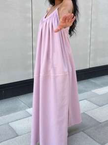 INAWLY Lässig romantischer Urlaubsstil Rosa V-Ausschnitt ärmelloses Kleid