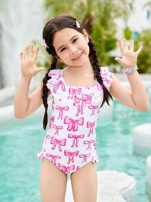 New Fashionable Girls Ruffled One Piece Swimsuit - Multicolor - View 3