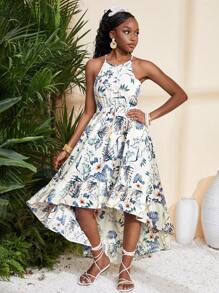 SHEIN 少女优雅简约露背热带植物印花花卉印花无袖连衣裙，夏季度假 - 杏色 - 查看 4