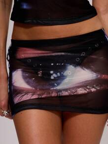 MUSERA Mesh Eye Printed Mini Skirt Spring, Summer, Holiday, Festival Outfit, Rave Outfit, Grunge, Cool Girl, Y2K
