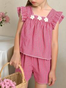2pcs/Set Teenage Girls Casual Floral & Striped Pattern Comfortable Sleeveless Top And Shorts Set, Summer