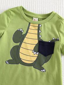 Cozy Pixies زوجان من طقم ملابس علوية أكمام قصيرة كشكش بطبعة ديناصور كرتونية لطفل ولون وسروال بخصر مطاطي - متعدد الألوان - مشاهدة 4