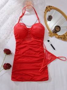 SHEIN 2 chiếc/bộ váy ngủ gợi cảm lưới khoét sâu trưởng thành - Đỏ - Xem 6