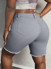 Slaydiva Quần short denim thường ngày viền thô rách có túi cỡ lớn dành cho nữ - Màu Xám nhạt - Xem 2