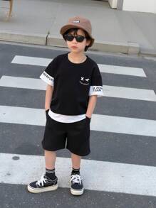 男童夏季字母印花圆领短袖休闲T恤 - 黑與白 - 查看 3