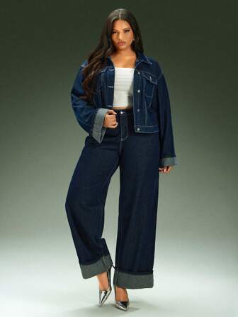 Denimoi 大码宽松卷边阔腿牛仔裤