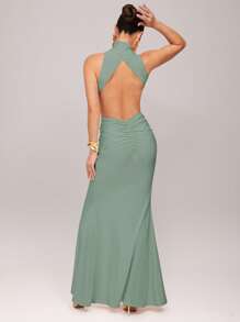 Silquee 女士优雅派对长袖高领性感露背连衣裙，带金属扣装饰，酒红色，安克尔红色，弹力针织面料，超长鸡尾酒会，浪漫约会，秋冬针织长裙，适合鸡尾酒会、婚礼、伴娘、正式活动、万圣节、圣诞节 - 薄荷綠 - 查看 2