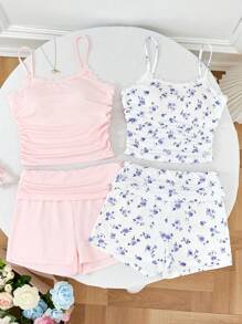 SHEIN 4 件套少女甜美简约花卉图案粉色纯色褶饰蕾丝花边吊带背心和短裤针织合身睡衣套装 - 彩色 - 查看 1