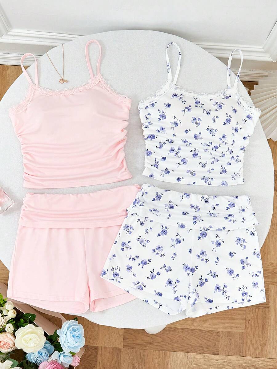 SHEIN 4 件套少女甜美简约花卉图案粉色纯色褶饰蕾丝花边吊带背心和短裤针织合身睡衣套装 - 彩色 - 查看 1