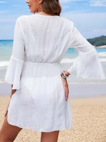 Swim Lushoire 女式夏季海滩束腰喇叭袖蕾丝拼接优雅度假连衣裙和罩衫 - 白色 - 查看 2