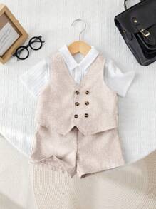 Bộ 2 món/bộ quần áo vest và quần short phong cách Hàn Quốc giản dị cho bé mới biết đi màu xám, thích hợp cho tiệc sinh nhật, lễ cưới, tiệc mừng em bé - Màu Khaki - Xem 3