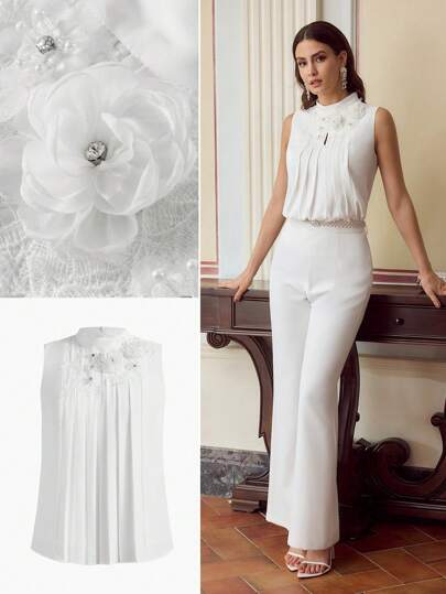 ZEYLAH 女士 3D 花卉褶皱衬衫，纯色，简约，适合夏季