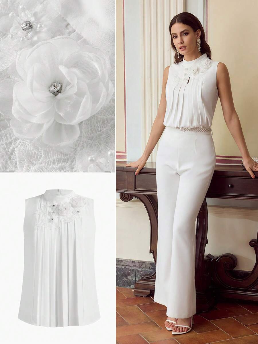 ZEYLAH Women 3D Floral Pleated Blouse, Solid Color, Minimalist, Suitable For Summer - Beige - View 1