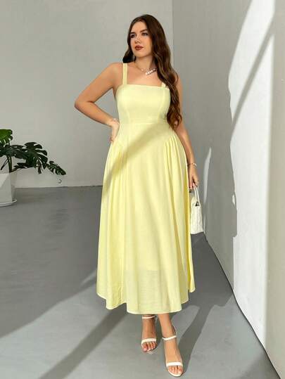 Firerie 大码女式夏季优雅简约度假海滩黄色褶皱腰纹理面料吊带 A 字中长连衣裙；生日约会下午茶办公室美人鱼雨伞摆裙