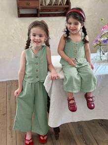 LMoss Kids 2pcs Baby Girl Set: Woven Solid Square Collar Top And Loose Casual Pants - Green - View 9