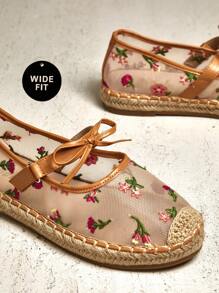 SHUZIA 女士宽版草编花卉刺绣网眼蝴蝶结玛丽珍平底鞋