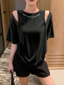 DAZY Women's Casual Hollow Out Letter Print Loose Short Sleeve T-Shirt - Black - View 2