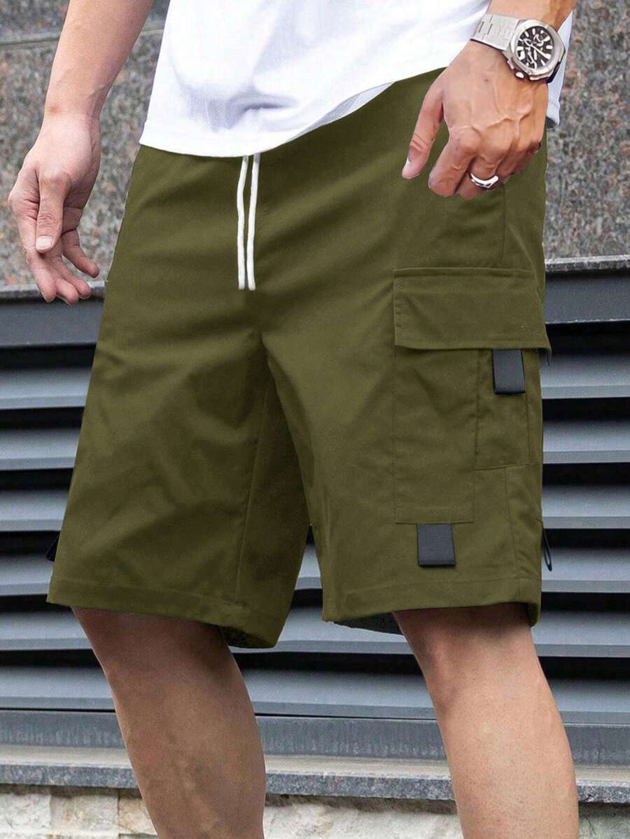 SHEIN Leap Crew 青少年男孩实用口袋工装短裤，休闲运动街头潮流朋克摇滚，适合春夏季 - 軍綠色 - 查看 1