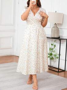 SHEIN Clasi 大码女装热销波西米亚风清新简约印花V领系带短袖摆腰显瘦中长款优雅度假春夏连衣裙