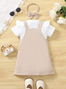 Elladie kids 2 件套幼儿女童休闲纯色短袖 T 恤和可爱围裙连衣裙套装 - 适合春季、夏季、秋季，配有发饰