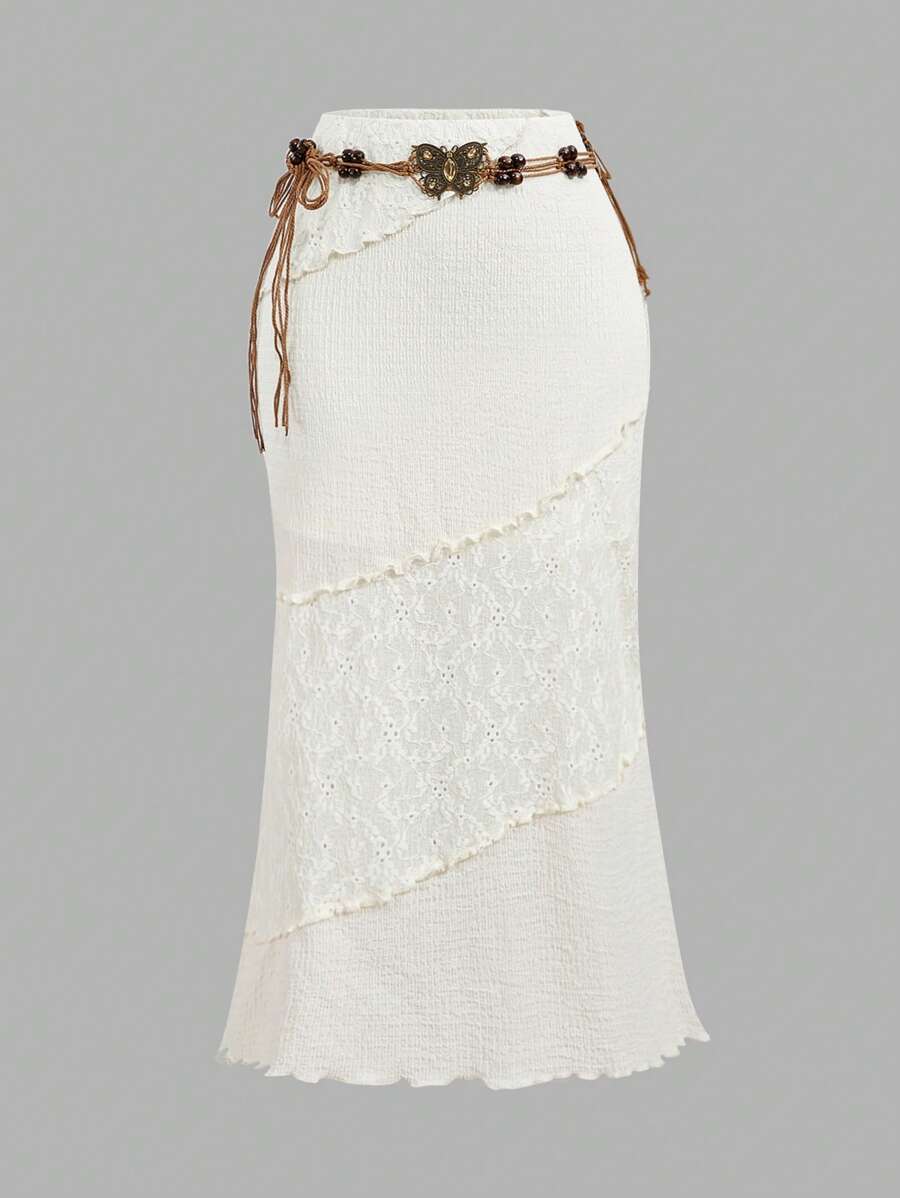 大码女式杏色拼接波西米亚长裙配腰带，复古度假浪漫 - 杏色 - 查看 1