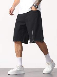 Manfinity Hypemode 男式宽松破洞下摆拉链口袋牛仔短裤 - 黑色 - 查看 3