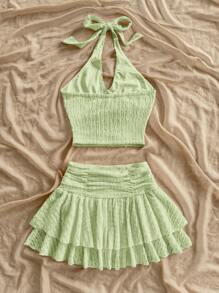 Soleia 女士度假吊带背心上衣，系带 V 领和迷你裙，双层荷叶边下摆，纹理面料，杏色套装 - 綠色 - 查看 2