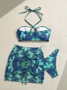 Soleia 女士夏季沙滩花卉印花露背性感比基尼泳装套装（含罩衫和半裙） - 彩色 - 查看 2