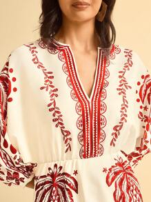 CAJUNI Women's Boho Tropical Holiday Plant Coconut Tree Red Print, Detachable Collar 3/4 Puffy Sleeve Mini Dress - Multicolor - View 4