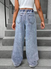 SHEIN Tween Girls' Loose Fit Distressed Pocket Wide Leg Casual Versatile Jeans - Red Violet - View 2