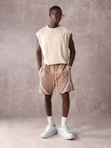 SUMWON Pantalones cortos con diseño de rayas diagonales, cintura elástica que absorbe la humedad, largo regular, cordón, uso deportivo - Caqui - Ver 3