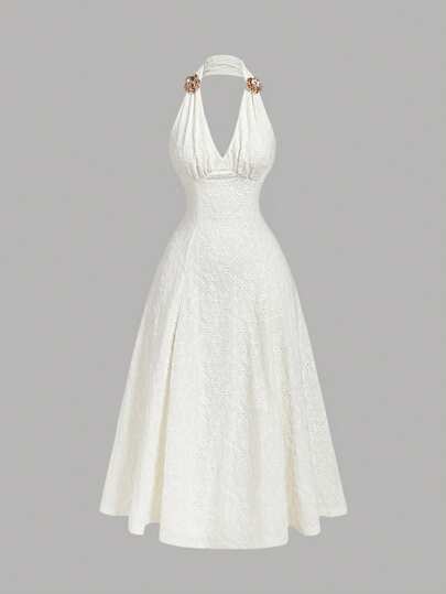 SHEIN MOD Women's Metal 3D Floral Vacation Ruched Bust Midi Dress,Summer,Western Wear Women,Elegant Dresses For Women,Vacation Dress,Beach,Boho,Dresses For Women Party,Sexy Dress,Party Dress,Going Out Dress,Vintage Dress,Birthday Dresses For Women,Country Concert Outfit,Sun Dresses For Women,Ivory White Halter Maxi Dress For Wedding Guest Party, Elegant Classic Style, Sleeveless A Line Long Dress, Formal Summer Dress For Garden Wedding, Bridal Shower,  Dinner Party, Holiday Gathering