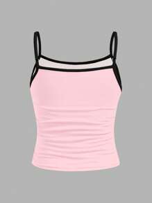 SHEIN 可爱的芭蕾舞风格黑色和粉色蕾丝蝴蝶结字母 28 图案吊带背心，青少年女孩修身休闲运动短款上衣，腰部有褶饰