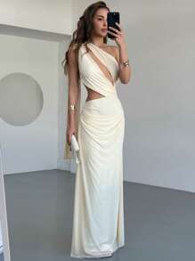 Aloruh 优雅长款露背网眼杏色单肩连衣裙，适合度假、舞会、派对 - 杏色 - 查看 7