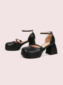 CUCCOO DOLLMOD 圆头玛丽珍鞋，新款法式系带搭扣镂空高跟厚底粗跟女鞋 - 黑色 - 查看 9