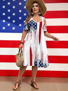 SHEIN LUNE Plus Size Star & Stripe American Flag Pattern Lace Trim Short Sleeve Dress, Spring/Summer - White - View 3