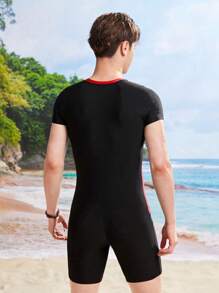 SHEIN Leap Crew 青少年男童两件套拼色短裤和防晒衣泳衣套装，适合海滩、冲浪、游泳、夏季 - 紅色 - 查看 7