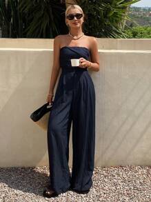 DAZY Women's Summer Sexy Bandeau Denim Jumpsuit, Waist-Cinched Loose Casual Overall Pants - Dark Wash - View 4