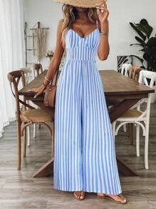 Breezaya Women's Casual Sleeveless Backless Loose Floral Jumpsuit, Spring/Summer - Blue and White - View 6