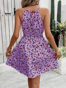 Breezaya Women's Full Print Waist Tie Halter Neck Vacation Dress - Lilac Purple - View 2