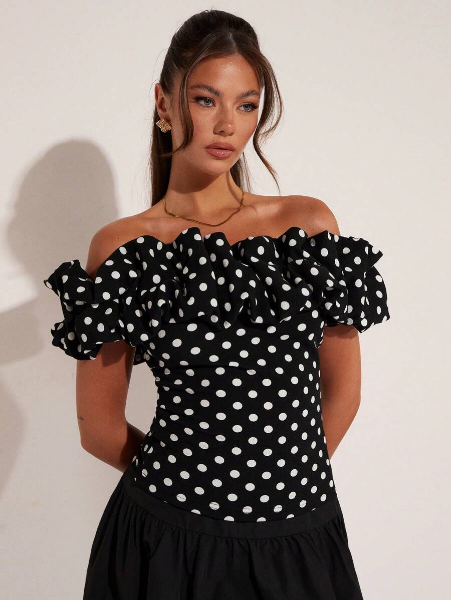 COSMINA Women's Elegant Vacation Polka Dot Off Shoulder Top, Spring/Summer